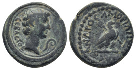 Phrygia, Amorium. Augustus, 27 BC-AD 14. AE. (20mm, 6.3 g) Obv: CEBACTOC. Bare head of Augustus, right; before lituus. Rev: AΛEΞANΔPOC AMOPIANWN. Eagl...