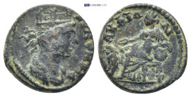 Phrygia, Eumeneia. Pseudo-autonomous issue. Late 2nd-3rd centuries A.D. Æ (16mm,3.0 g). Turreted and draped bust of Tyche right / Cybele seated left o...