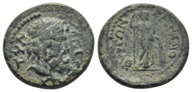 Phrygia. Grymenothyrai. Pseudo-autonomous issue AD 98-117. Time of Trajan. Bronze Æ (21mm, 6.4 g) EΠI M TYΛΛΙ, head of Zeus right, wearing taenia, to ...