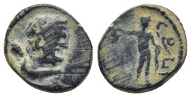 Lycaonia. Iconium AE hemiassarion (Bronze, 14mm, 3.0 g) Antonine Period, 138-192. Obv: Bearded bust of Herakles to right wearing lion's skin around hi...