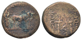 PISIDIA, Antiochia. temp. Augustus, 27 BC-AD 14. Æ (16mm, 5.1 g). Struck circa 25-19 BC. Priest plowing pomerium with yoke of oxen. / Two aquilae betw...