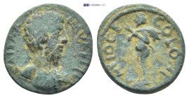 PISIDIA. Antiochia. Marcus Aurelius (139-161). Ae. (16mm, 2.4 g) Bare bust right. / Marsyas standing left, holding wineskin over shoulders.