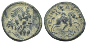 PISIDIA. Isinda. Pseudo-autonomous (3rd century AD). Ae. (19mm, 3.8 g) Obv: Diademed bust of Zeus right. Rev: ICINΔЄΩN. Horseman galloping right, thru...