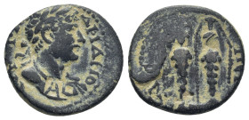 PAMPHYLIA.Aspendos. Hadrian.(117-138). Ae. (18mm, 4.2 g) ΚΑΙϹΑΡ ΑΔΡΙΑΝΟϹ; laureate bust of Hadrian, right. / ΑϹ(l.)-ΠΕΝ(r.); cult statues of the Aphro...