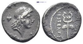 M. Plaetorius M. f. Cestianus (57 BC) AR Denarius, Rome, (17mm, 3.36 g). Draped female bust facing right, wearing a diadem of poppies, symbol behind. ...