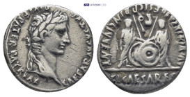 Augustus, 27 B.C.-14 A.D. Denarius, (18mm, 3.7 g) 2 B.C. and later. Lugdunum. Laureate head r. Rv. Gaius and Lucius Caesars standing facing, shields a...