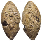 Greek sling bullet. Thrace. (c. 4th–1st centuries BC) Sling bullet is with an image of a bee on one side and with an inscription ΚΑΛΑ (Κάλα, Kala) on ...