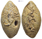 Greek sling bullet. Thrace. (c. 4th–1st centuries BC) Sling bullet is with an image of a scorpion on one side and with an inscription ΚΑΛΑ (Κάλα, Kala...