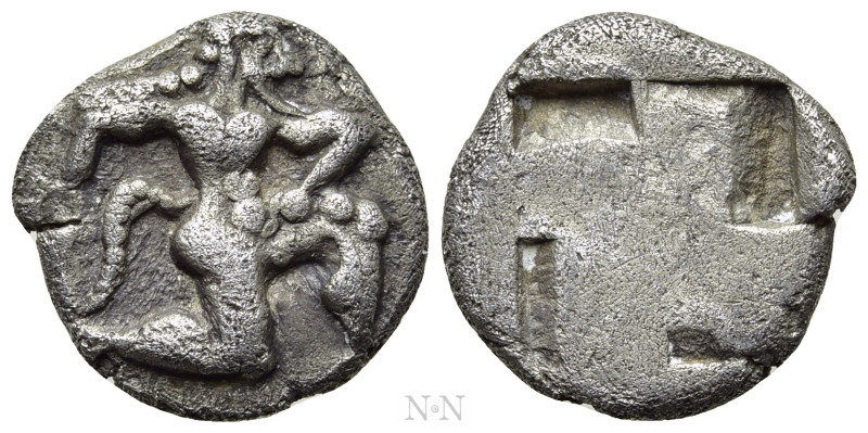 THRACE. Thasos. Diobol (Circa 500-480 BC). 

Obv: Satyr running right.
Rev: Q...