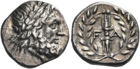 ELIS. Olympia. Circa 265-240 BC. Hemidrachm (Silver, 14 mm, 2.17 g, 12 h). Laureate head of Zeus to right. Rev. F - A Vertical thunderbolt; all within...