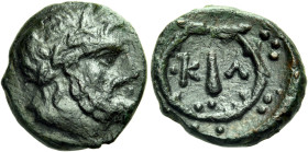 ARGOLIS. Kleonai. Circa 320 BC. Dichalkon (Bronze, 16.5 mm, 4.11 g, 8 h). Laureate head of Zeus to right. Rev. K-Λ Club; all within wreath of wild cel...