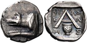 ARGOLIS. Argos. Circa 90-50 BC. Hemidrachm (Silver, 16 mm, 2.37 g, 7 h). Forepart of a wolf at bay to left. Rev. ΦI-ΛO/K-Λ/H-Σ Large A; below, krater ...