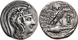 ATTICA. Athens. Circa 165-42 BC. Tetradrachm (Silver, 28 mm, 16.40 g, 12 h), Aropos, Mnasago-, and Apol-, magistrates, circa 95/4. Head of Athena Part...