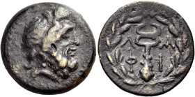 LAKONIA. Lakedaimon (Sparta). Circa 48-35 BC. Hemiobol or Hexachalkon (Bronze, 23 mm, 7.69 g, 12 h), struck under the magistrate Phi.... Laureate head...