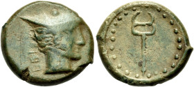 BRUTTIUM. Hipponion. late 4th-early 3rd centuries BC. (Bronze, 18 mm, 4.76 g, 1 h). [ΕΙ Head of Hermes wearing petasos to right. Rev. Simple, wingless...