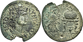 LYDIA. Tripolis. Pseudo-autonomous issue, circa 253-268. Medallion of 8 Assaria (Bronze, 37 mm, 15.73 g, 7 h). IЄPA CYNKLHTOC Youthful, bare-headed, a...