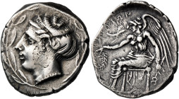 BRUTTIUM. Terina. Circa 440-425 BC. Stater (Silver, 22.5 mm, 7.18 g, 5 h). Head of the nymph Terina to left, her hair elaborately rolled and wearing a...