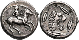 SICILY. Leontinoi. Circa 476-466 BC. Didrachm (Silver, 19 mm, 8.51 g, 6 h). Nude horseman riding to right, holding the reins in his left hand and shor...