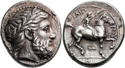 KINGS OF MACEDON. Philip II, 359-336 BC. Tetradrachm (Silver, 25.5 mm, 14.46 g, 12 h), Pella, 342/1-337/6. Laureate head of Zeus to right. Rev. ΦΙΛΙΠ-...