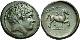 KINGS OF MACEDON. Philip II, 359-336 BC. Double Unit (Bronze, 22.5 mm, 8.43 g, 1 h), Uncertain Macedonian mint. Head of Apollo to right, wearing taeni...