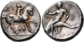 CALABRIA. Tarentum. Circa 281-276 BC. Nomos (Silver, 20 mm, 6.59 g, 4 h), struck under the magistrates Eu..., Apollo..., Thi...and B.... EY / ΑΠΟΛΛ-Ω ...