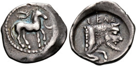 SICILY. Gela. Circa 465-450 BC. Litra (Silver, 12 mm, 0.76 g, 9 h). Horse walking to right, reins hanging down from his mouth to right;; above, wreath...
