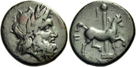 ELIS. Olympia. Circa 340-330 BC. Unit (Bronze, 20 mm, 6.05 g, 6 h). Laureate head of Zeus to right. Rev. F - A Free horse trotting to right; behind, t...
