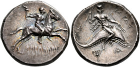 CALABRIA. Tarentum. Circa 272-240 BC. Nomos (Silver, 17 mm, 6.57 g, 11 h), Daimachos, magistrate. ⸠ΗΡΑΚΛΗΙ Horseman galloping right, holding a torch i...