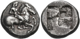 IONIA. Erythrai. Circa 500-480 BC. Didrachm (Silver, 17 mm, 6.87 g). Nude ephebe riding horse galloping to right, holding the reins with his left hand...