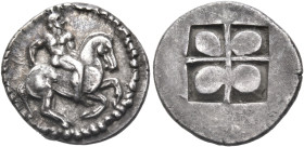 MACEDON. Sermyle. Circa 500-470 BC. Tetrobol (Silver, 16 mm, 2.59 g). Nude horseman riding a galloping horse to right, holding his left hand behind th...