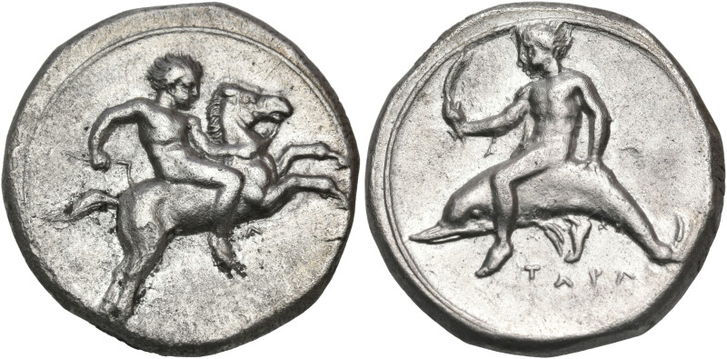 CALABRIA. Tarentum. Circa 400-390 BC. Nomos (Silver, 21 mm, 7.67 g, 6 h). Nude r...