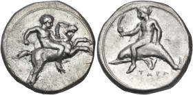 CALABRIA. Tarentum. Circa 400-390 BC. Nomos (Silver, 21 mm, 7.67 g, 6 h). Nude rider on horse galloping to right, holding a goad with his right hand a...