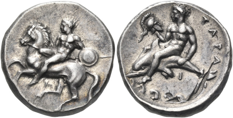 CALABRIA. Tarentum. Circa 344-340 BC. Nomos (Silver, 20.5 mm, 7.89 g, 12 h). Nud...