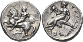 CALABRIA. Tarentum. Circa 344-340 BC. Nomos (Silver, 20.5 mm, 7.89 g, 12 h). Nude rider on horse galloping left, preparing to dismount, holding the re...