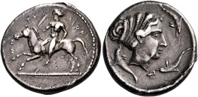 SICILY. Motya. Circa 425-415/10 BC. Didrachm (Silver, 22 mm, 8.60 g, 9 h). MO-TY-AION Nude youth, preparing to spring off a horse galloping to left, h...