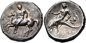 CALABRIA. Tarentum. Circa 281-276 BC. Nomos (Silver, 20 mm, 6.58 g, 3 h). EY / ZΩΠY Nude rider on horse galloping left, preparing to dismount and run ...
