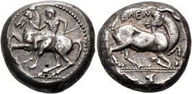 CILICIA. Kelenderis. Circa 420-410 BC. Stater (Silver, 19 mm, 10.87 g, 9 h). Youthful nude rider holding the reins with his right hand and a goad in h...