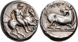 CILICIA. Kelenderis. Circa 410-375 BC. Stater (Silver, 20 mm, 10.83 g, 12 h). Youthful nude rider on horse prancing to right, holding the reins with h...