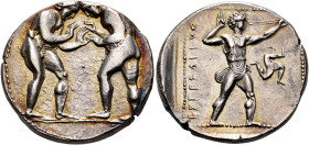 PAMPHYLIA. Aspendos. Circa 380/75-330/25 BC. Stater (Silver, 23 mm, 10.85 g, 12 h). Two wrestlers facing off at the beginning of their match, their ha...