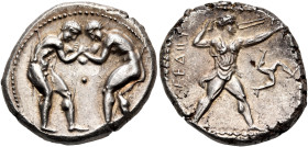 PAMPHYLIA. Aspendos. Circa 380/75-330/25 BC. Stater (Silver, 24 mm, 10.81 g, 11 h). Two wrestlers beginning to grapple, their outer hands clasped and ...