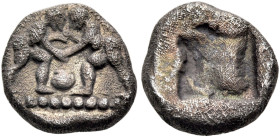 ASIA MINOR. Uncertain mint. Early-mid 5th century. Diobol (Silver, 10 mm, 1.23 g). Two wrestlers grappling, grasping each others hands; between them, ...