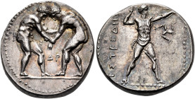 PAMPHYLIA. Aspendos. Circa 380/75-330/25 BC. Stater (Silver, 22 mm, 10.93 g, 3 h). Two wrestlers beginning to grapple; between them, ΔP. Rev. EΣTFEΔII...