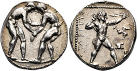 PISIDIA. Selge. Circa 400-325 BC. Stater (Silver, 21 mm, 10.89 g, 11 h). Two wrestlers beginning to grapple with each other, the one on the left grasp...