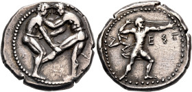 PAMPHYLIA. Aspendos. Circa 420-410 BC. Stater (Silver, 23.5 mm, 10.98 g, 6 h). Two wrestlers beginning to grapple with each other: the one on the righ...