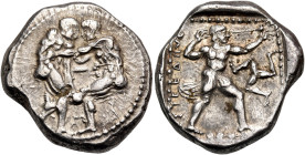 PAMPHYLIA. Aspendos. Circa 420-410 BC. Stater (Silver, 24 mm, 10.96 g, 1 h). Two wrestlers beginning to grapple with each other: the one on the right ...