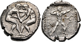 PAMPHYLIA. Aspendos. Circa 420-410 BC. Stater (Silver, 25 mm, 10.95 g, 10 h). Two wrestlers beginning to grapple with each other, their feet are flat ...