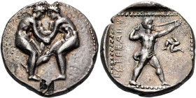 PAMPHYLIA. Aspendos. Circa 400-380 BC. Stater (Silver, 22.5 mm, 10.78 g, 2 h). Two wrestlers beginning to grapple with each other: the righthand one e...