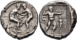 PAMPHYLIA. Aspendos. Circa 380/75-330/25 BC. Stater (Silver, 23 mm, 10.87 g, 12 h). Two wrestlers beginning to grapple with each other: the righthand ...