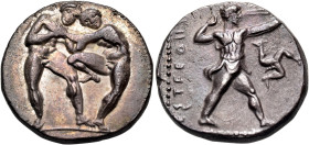 PAMPHYLIA. Aspendos. Circa 400-380 BC. Stater (Silver, 22 mm, 10.83 g, 12 h). Two wrestlers who, unusually, are standing facing the viewer, grappling ...