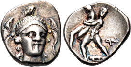 CALABRIA. Tarentum. Circa 280-228 BC. Diobol (Silver, 12.5 mm, 1.17 g, 6 h). Head of Athena facing, turned slightly to the right, wearing a triple-cre...